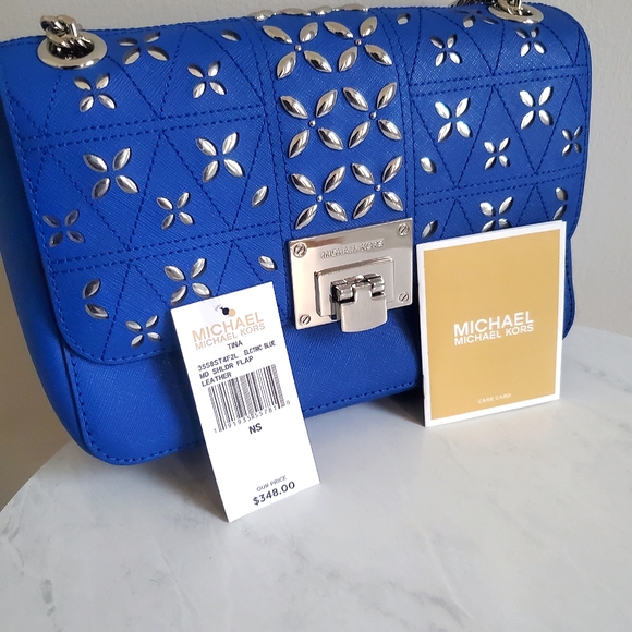 LIKE NEW* Michael Kors Tina Electric Blue ๐ Perforated Floral Shoulder Bag - Picture 4 of 12